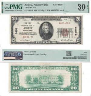 1929 $20 Pennsylvania, Ashley Charter 8656 PMG VF-30 EPQ