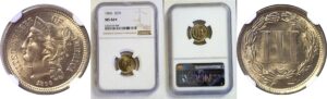 1866 Nickel Three Cent  -  NGC MS-66+
