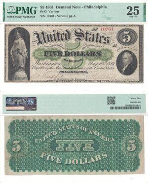 1861 $5 Demand Note Fr-2 PMG VF-25