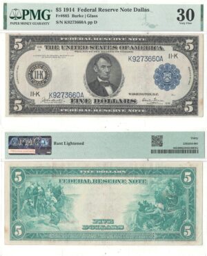 1914 $5 Federal Reserve Note Fr-885 PMG VF-30