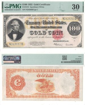 1922 $100 Gold Certificate Fr-1215 PMG VF-30