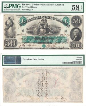 1861 $50 Confederate Note T-6 Military Endorsement PMG AU-58 EPQ