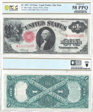 1917 $1 Legal Tender Note Star Note Fr-38m* PCGS AU-58 PPQ