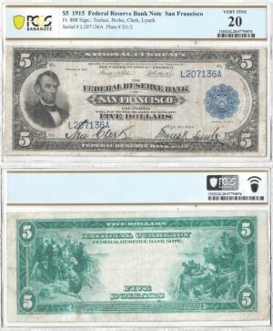 1915 $5 Federal Reserve Bank Note Fr-808 PCGS VF-20