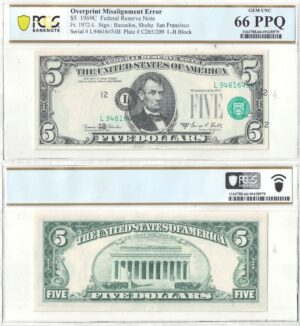 1969-C $5 Federal Reserve Note Overprint Misalignment Error PCGS Gem CU-66 PPQ