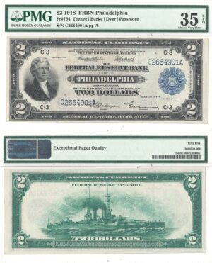 1918 $2 Federal Reserve Bank Note Fr-754 PMG VF-35 EPQ