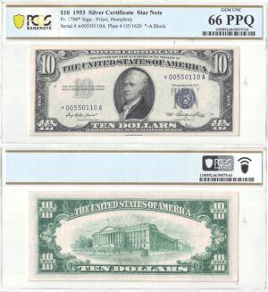 1953 $10 Silver Certificate Star Note Fr-1706* PCGS Gem Unc-66 PPQ