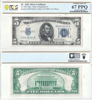 1934 $5 Silver Certificate Fr-1650 PCGS Superb CU-67 PPQ