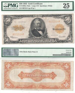 1922 $50 Gold Certificate Fr-1200m PMG VF-25