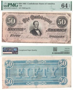 1864 $50 Confederate Note T-66 PMG Choice CU-64 EPQ