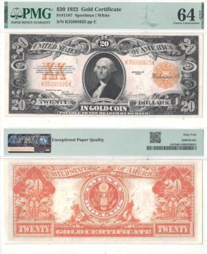 1922 $20 Gold Certificate Fr-1187 PMG Choice CU-64 EPQ
