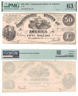 1861 $50 Confederate Note T-14 PMG Choice CU-63 EPQ