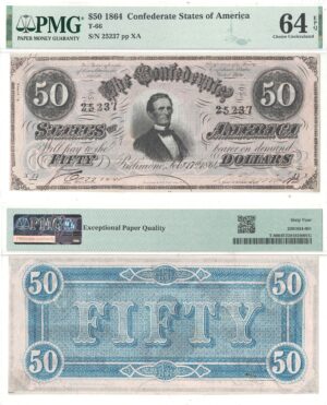 1864 $50 Confederate Note T-66 PMG Choice CU-64 EPQ