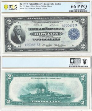 1918 $2 Federal Reserve Bank Note Fr-749 PCGS Gem CU-66 PPQ