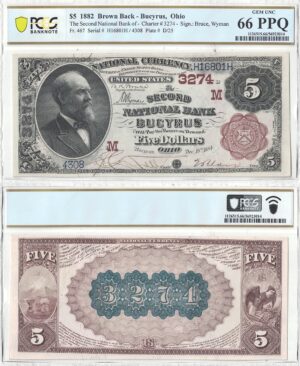 1882 $5 Ohio, Bucyrus Charter 3274 PCGS Gem CU-66 PPQ